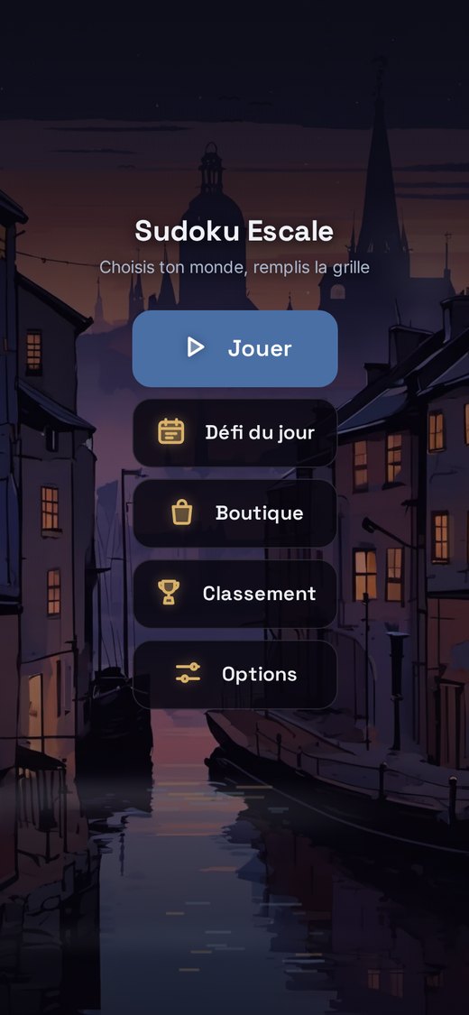 Écran d'accueil du jeu sur le décor Heure bleue, un canal au crépuscule : le titre Sudoku Escale et cinq boutons pleine largeur, Jouer, Défi du jour, Boutique, Classement et Options, chacun portant son libellé écrit en toutes lettres.