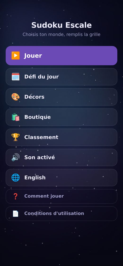 Écran d'accueil du jeu sur le décor Nébuleuse : le titre Sudoku Escale et des boutons pleine largeur portant leur libellé écrit en toutes lettres.