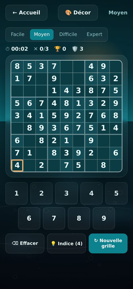 Sudoku Escale, partie en cours sur le décor Lagon : grille aux grands chiffres blancs sur fond bleu-vert, pavé numérique sur deux rangées.
