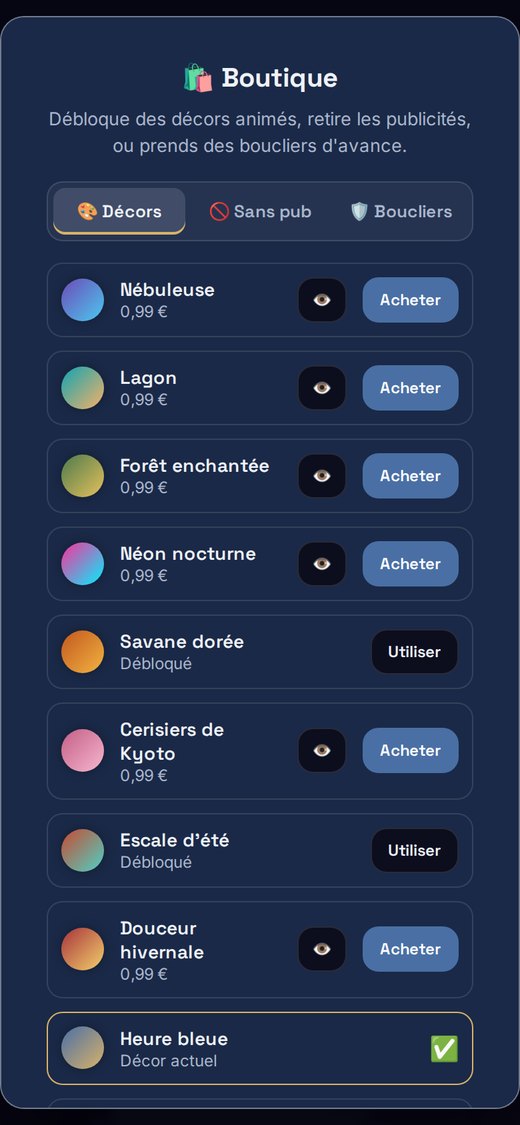 Onglet Décors de la boutique du jeu : chaque décor sur sa ligne avec son nom, un bouton d'aperçu et un bouton d'achat, et la mention Débloqué sur ceux qui sont offerts.