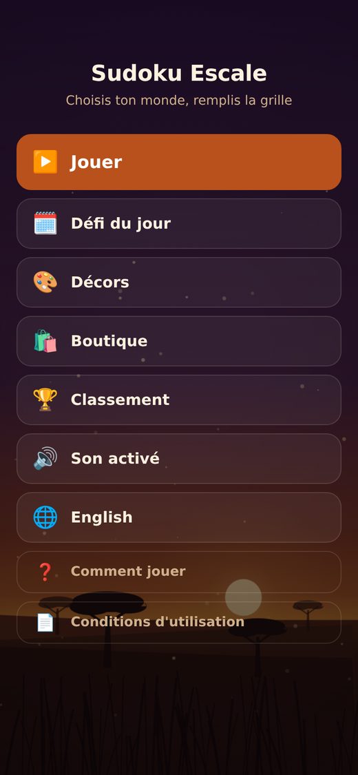 Sudoku Escale, écran d'accueil sur le décor Savane dorée : boutons pleine largeur portant leur libellé écrit en toutes lettres.